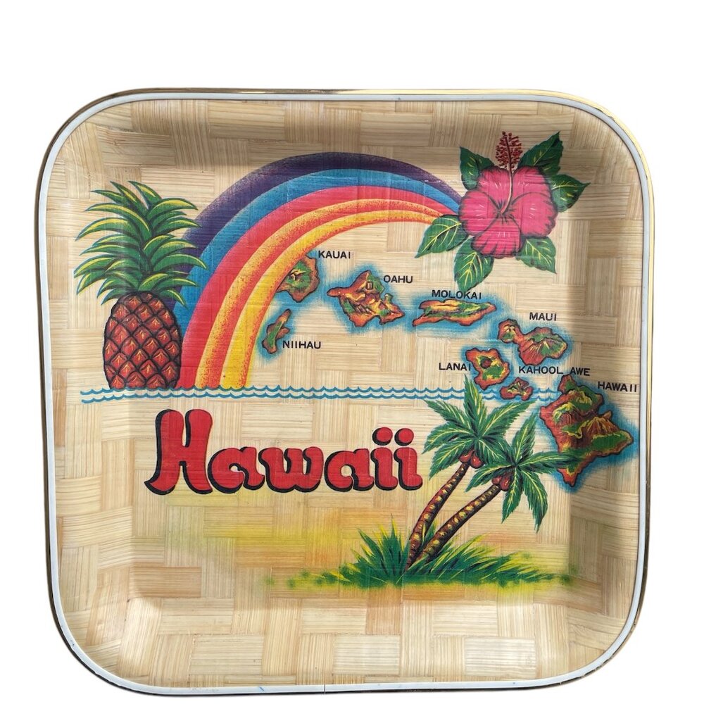 Vintage Hawaii Bamboo Baset Weave Shallow Plate Tray Souvenir Retro